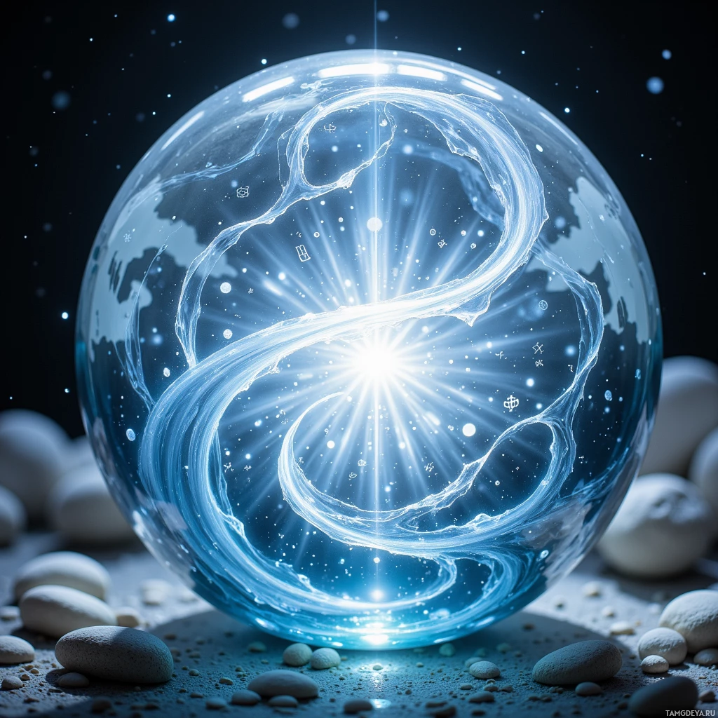 A glowing, swirling energy sphere surrounded by stones against a dark background.
