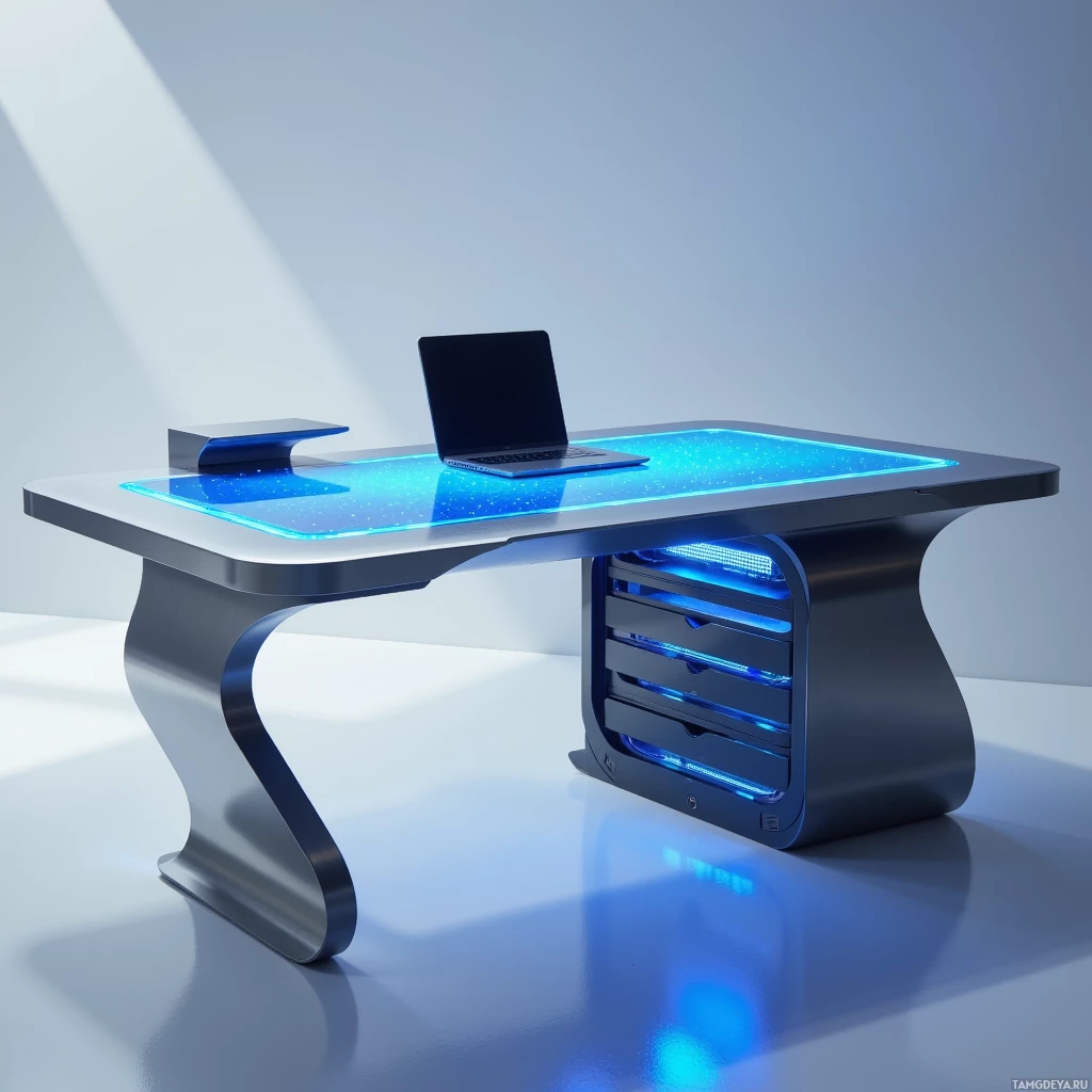 A futuristic desk with glowing blue accents and a laptop on top is displayed in a minimalist setting.