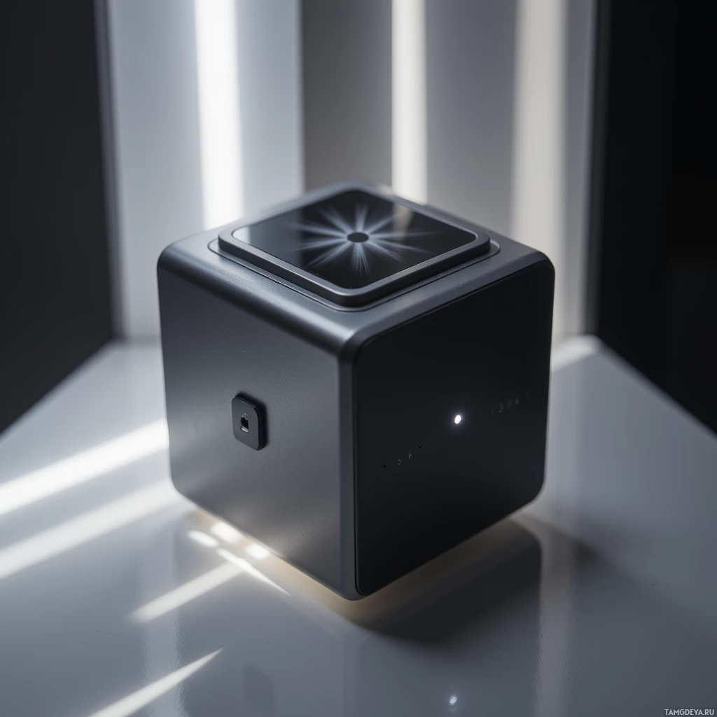 A sleek black cube-shaped device with a textured top and a small illuminated light on the side.