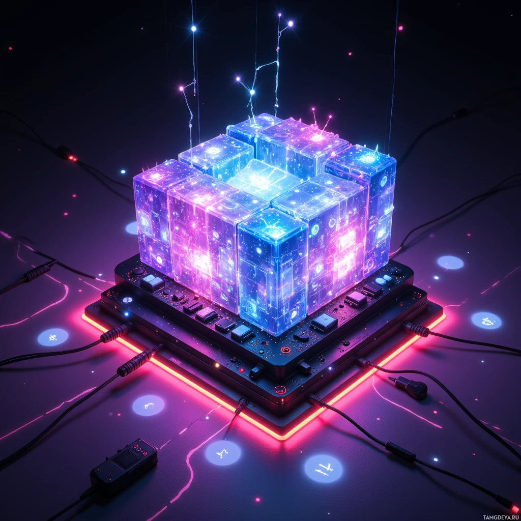 A glowing, futuristic cube with neon lights and cables.