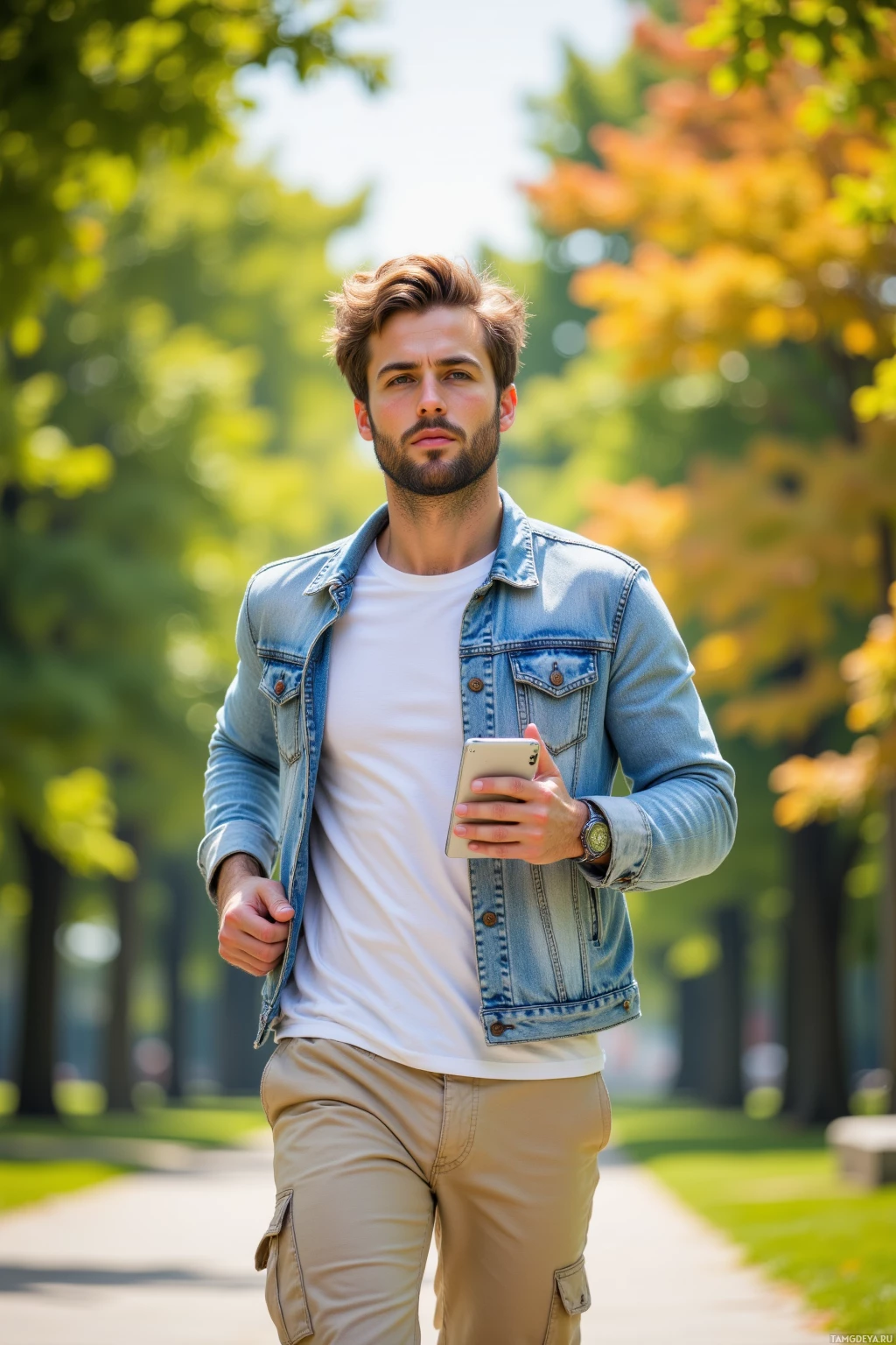 A man in a denim jacket and cargo pants holds a phone while walking in a park.