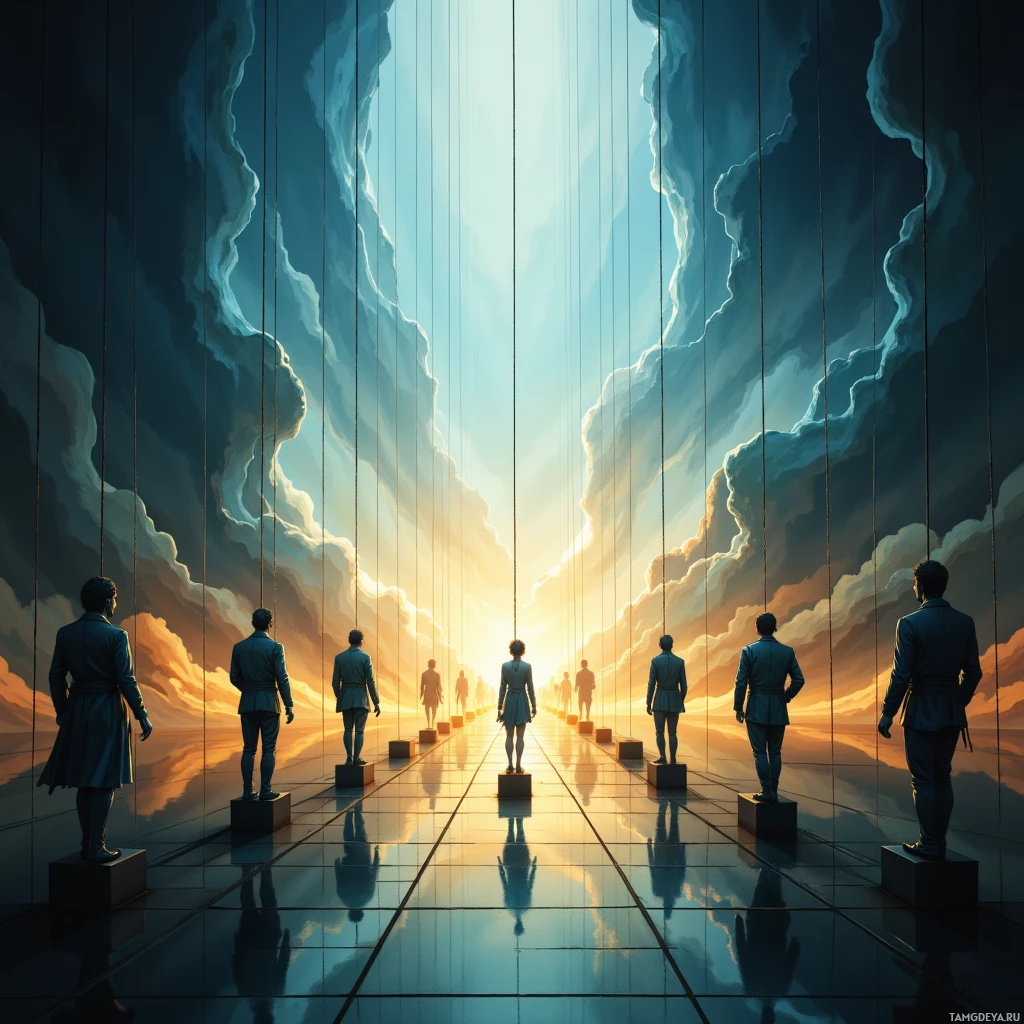 A group of people stands on pedestals in front of a reflective floor, gazing towards an illuminated sky with clouds and vertical lines.