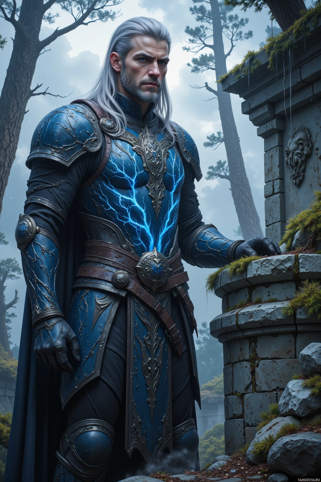 A warrior in blue armor stands beside a stone structure in a forested area.