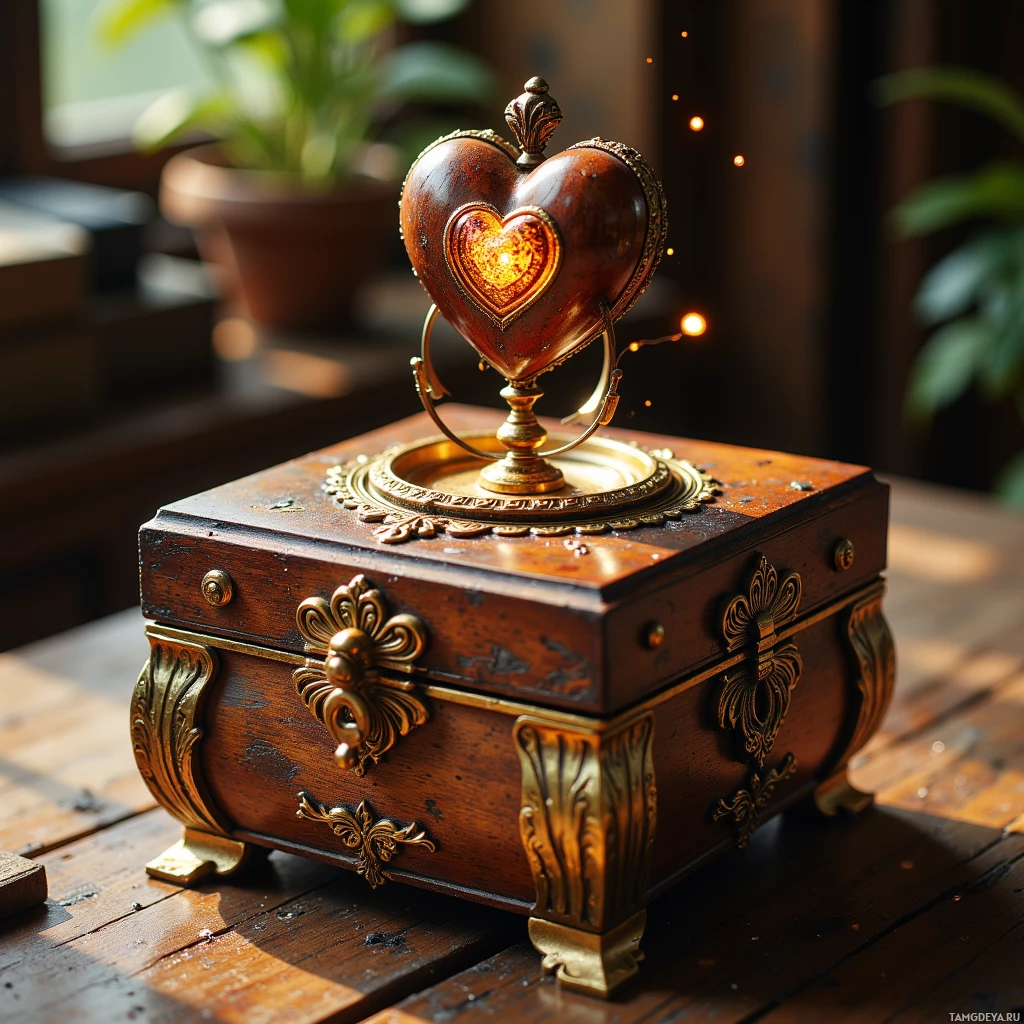 A decorative wooden box with ornate brass handles and a glowing heart-shaped ornament on top.