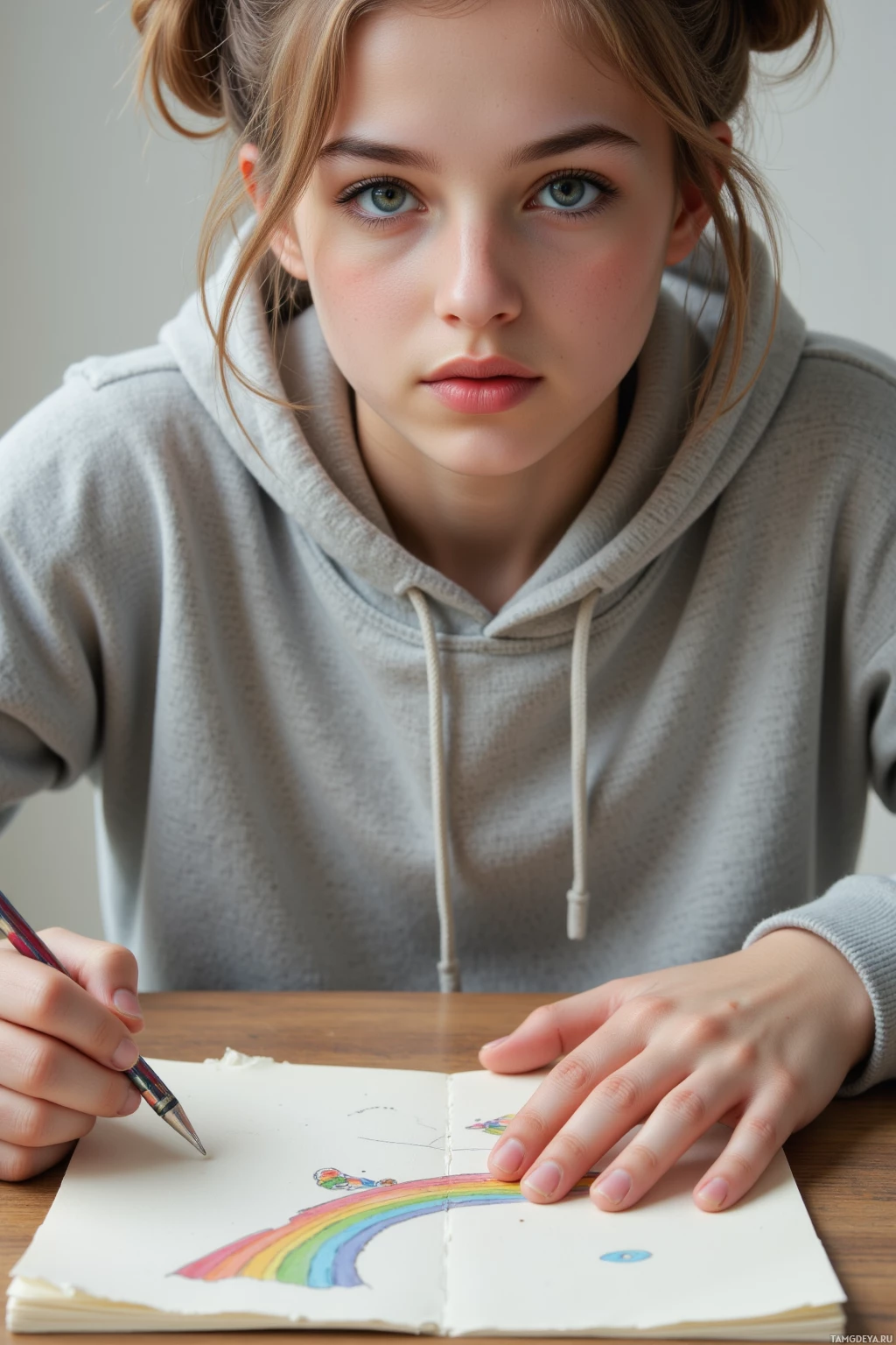 A person wearing a hoodie is drawing a rainbow in a notebook.