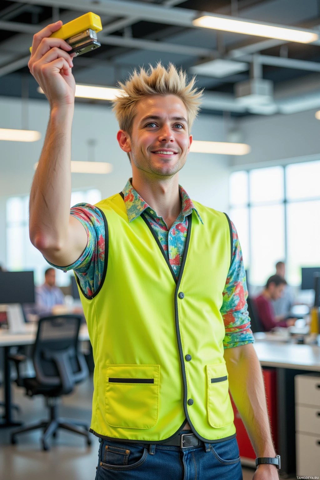 A person in a bright yellow vest and colorful shirt holds up a stapler in an office setting.