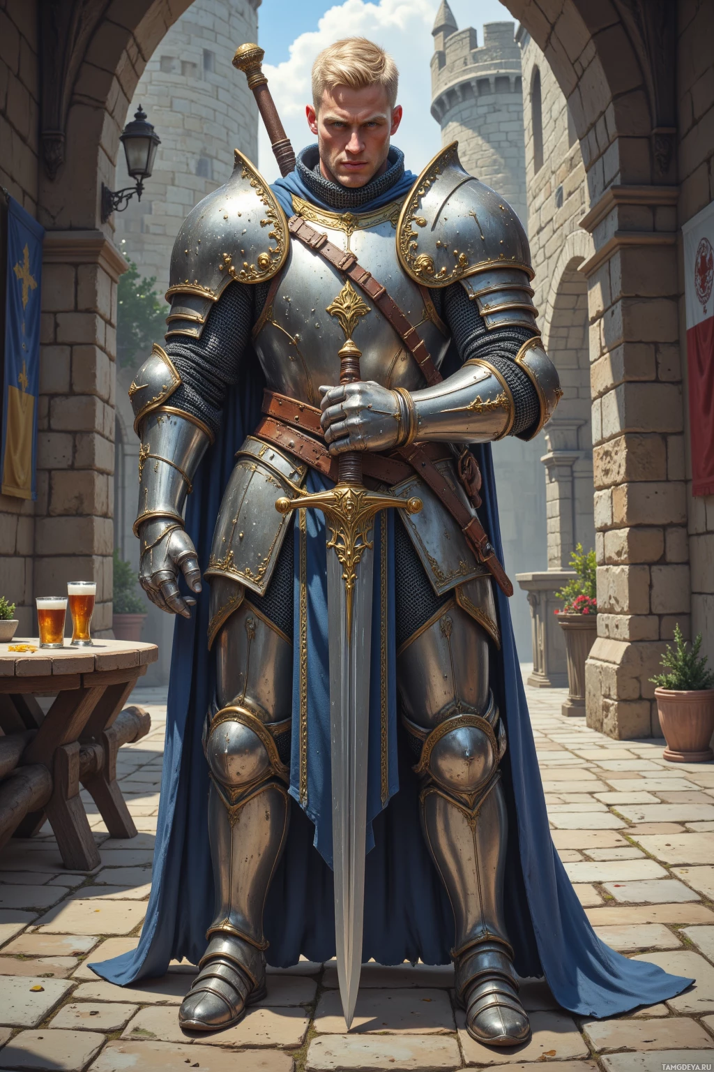 A knight in full armor stands in a courtyard, holding a sword.