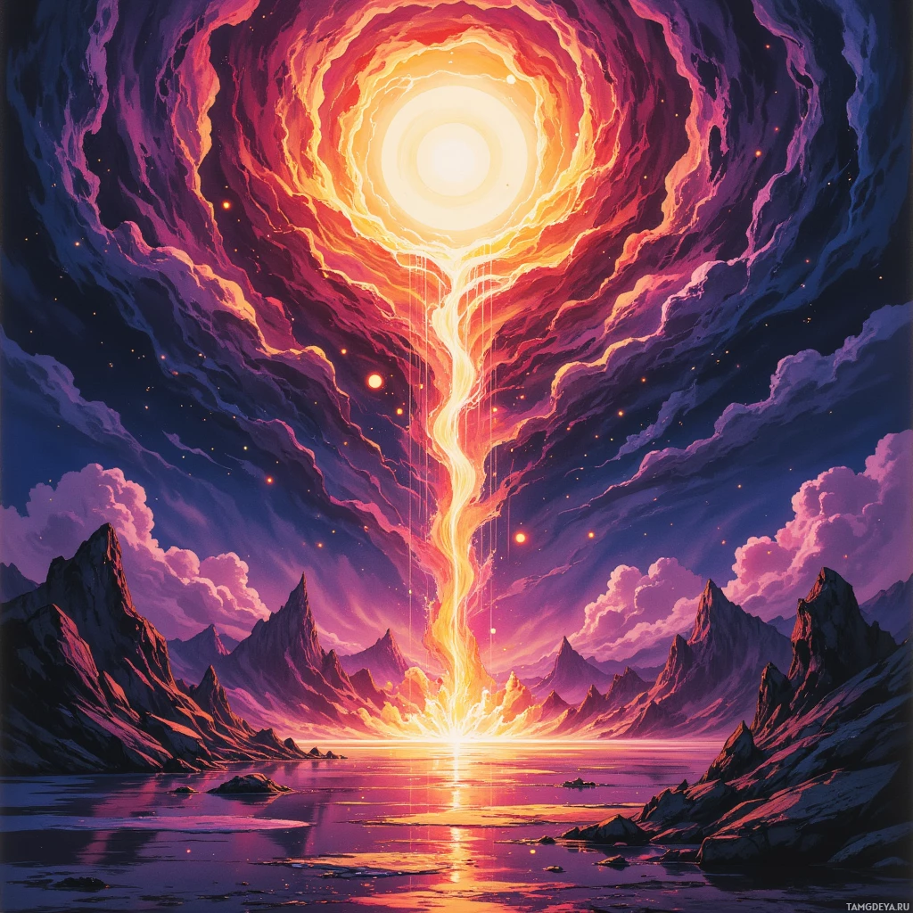 A vibrant, surreal landscape featuring a glowing, fiery vortex descending from the sky into a reflective body of water, surrounded by jagged mountains and a starry night sky.
