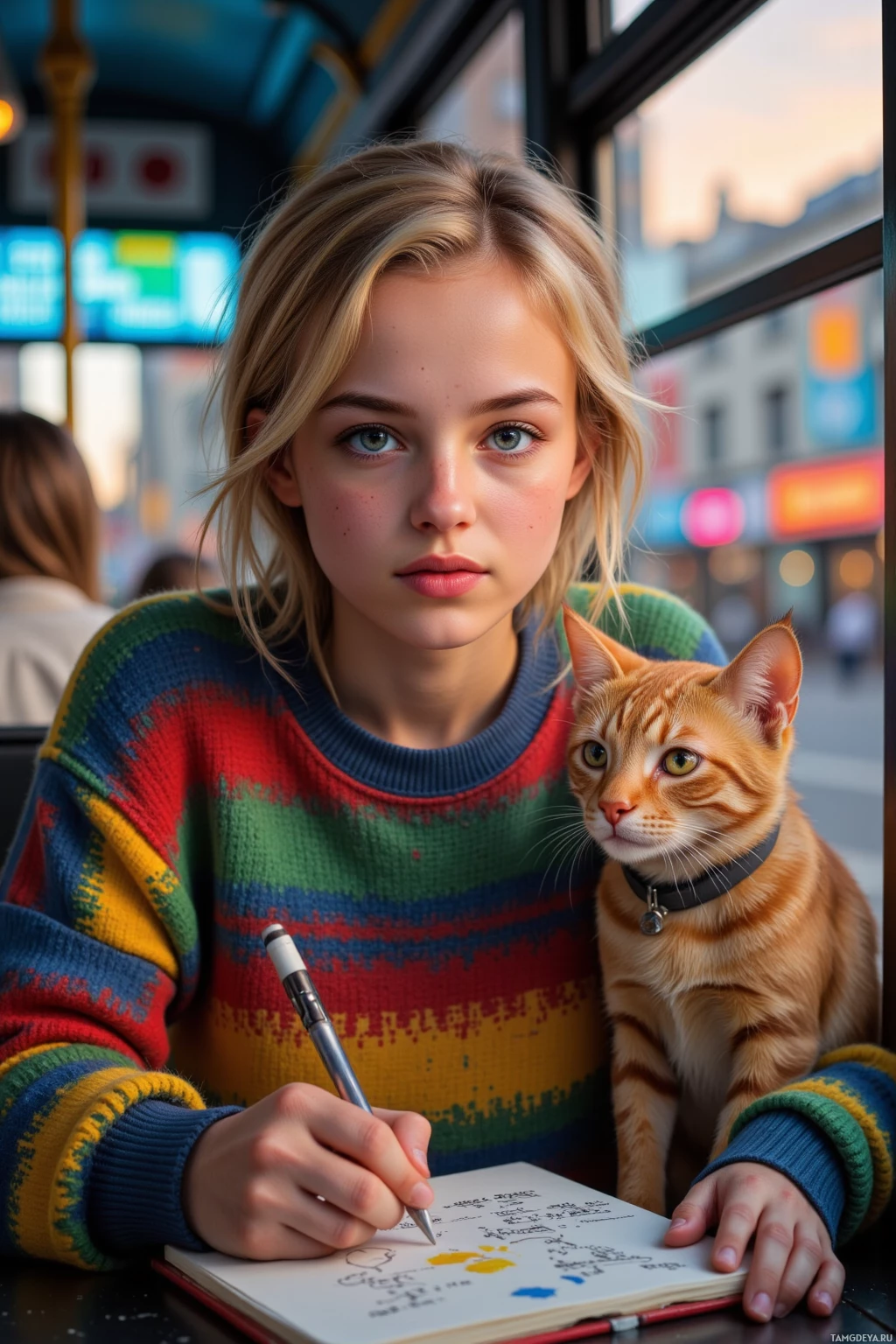 A person wearing a colorful sweater is writing in a notebook with a pen, accompanied by a cat.