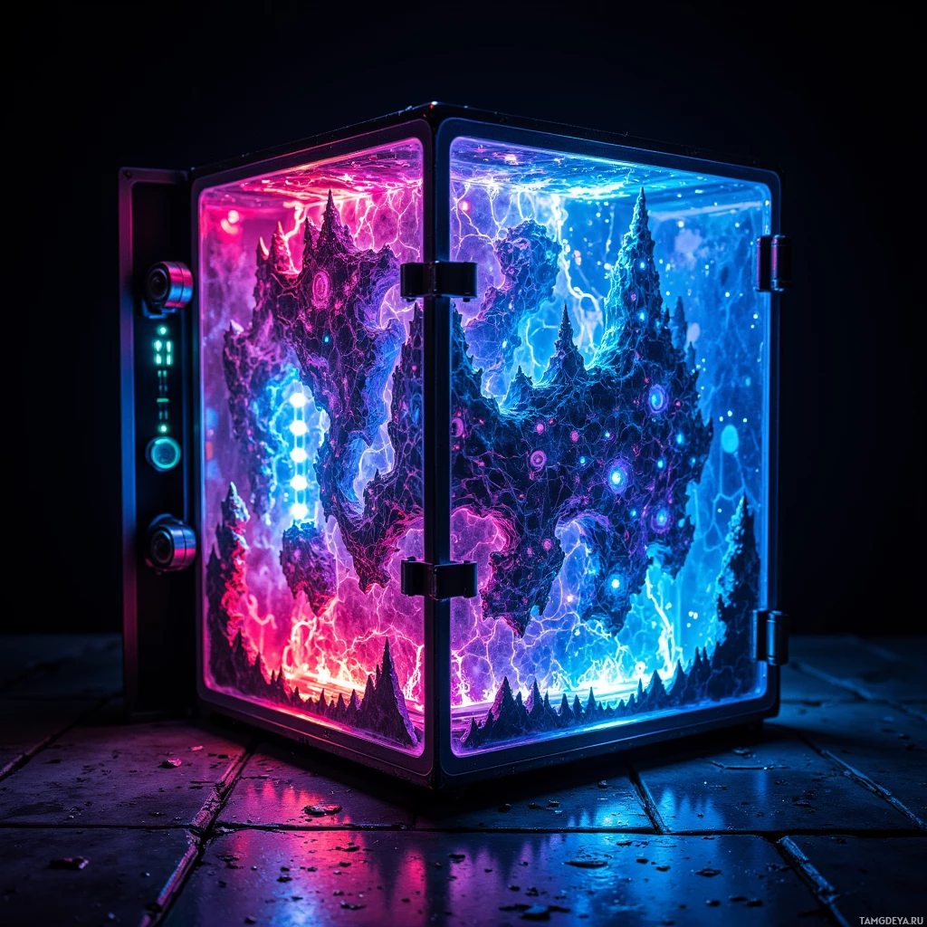 A glowing cube with vibrant purple and blue lightning effects inside, set against a dark background.