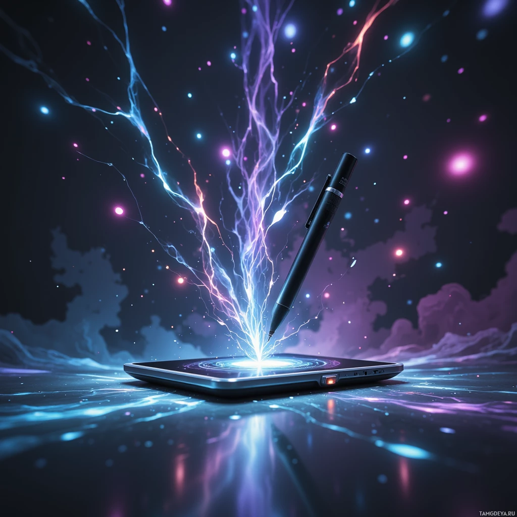 A stylus pen emitting vibrant, colorful energy from a tablet screen against a cosmic background.