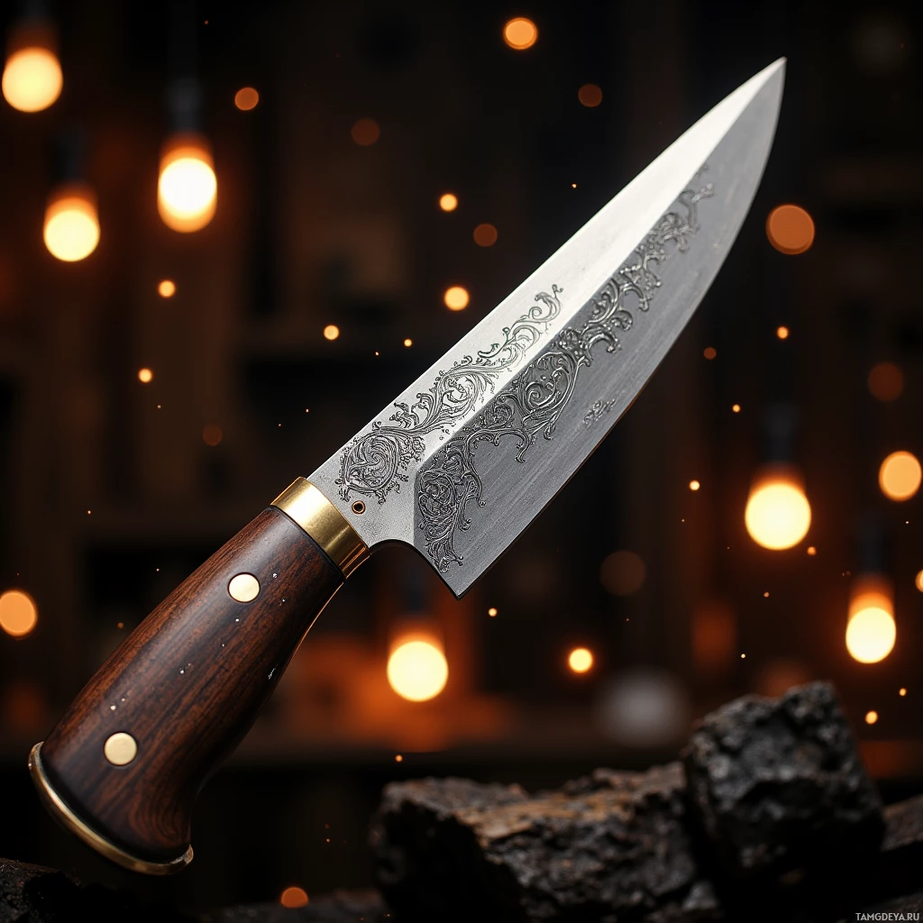 A knife with a wooden handle and intricate metal engraving is displayed against a bokeh background.
