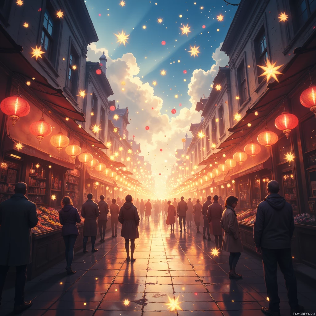 A bustling street lined with shops and illuminated by hanging lanterns under a starry sky.