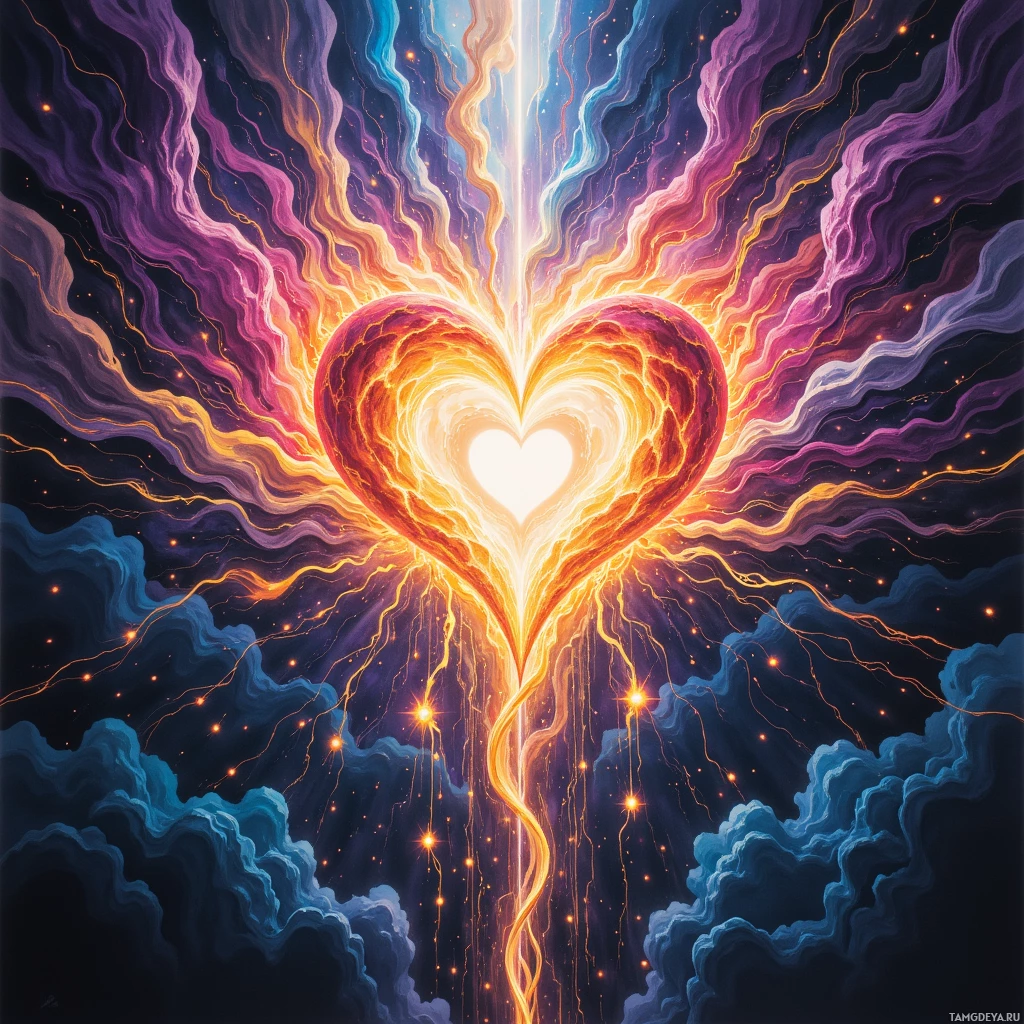 A glowing heart radiates vibrant colors and energy against a cosmic background.