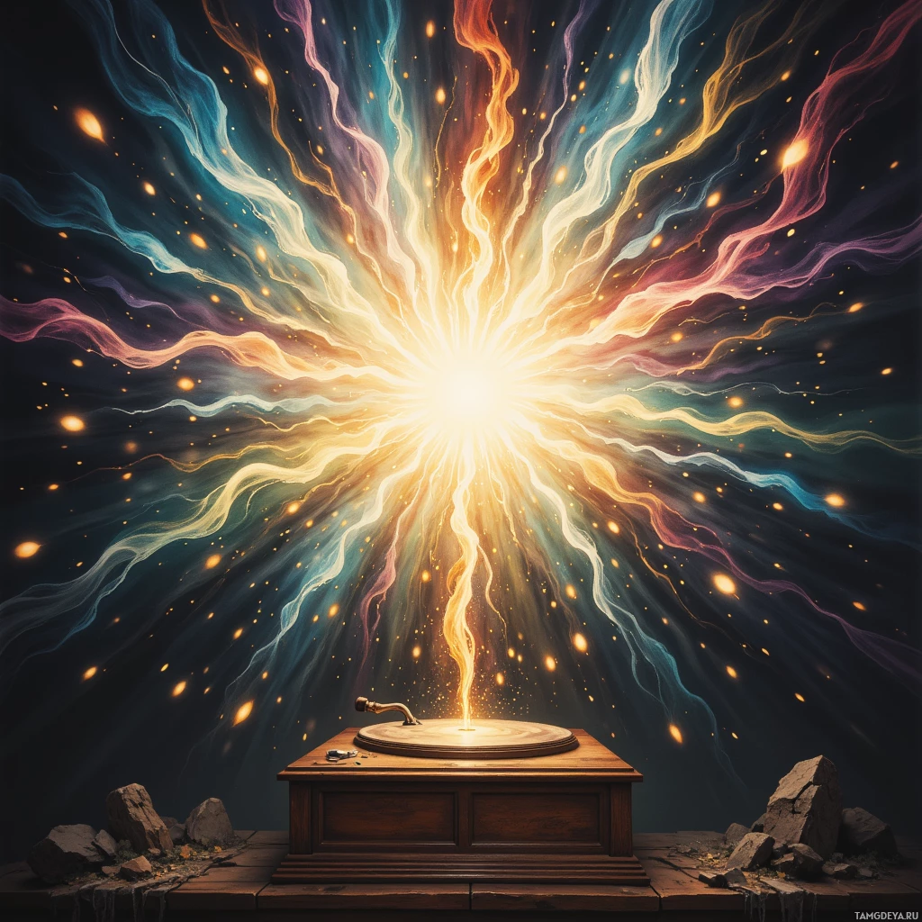 A vibrant, cosmic scene with a glowing, radiant burst of light and colorful energy streams emanating from a wooden platform.