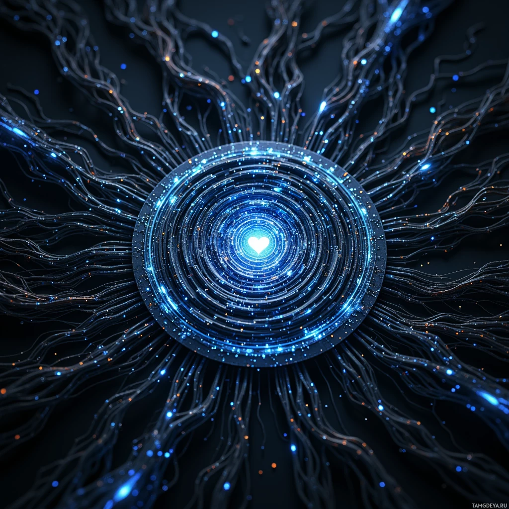 A glowing blue heart at the center of a circular pattern with radiating lines and particles.