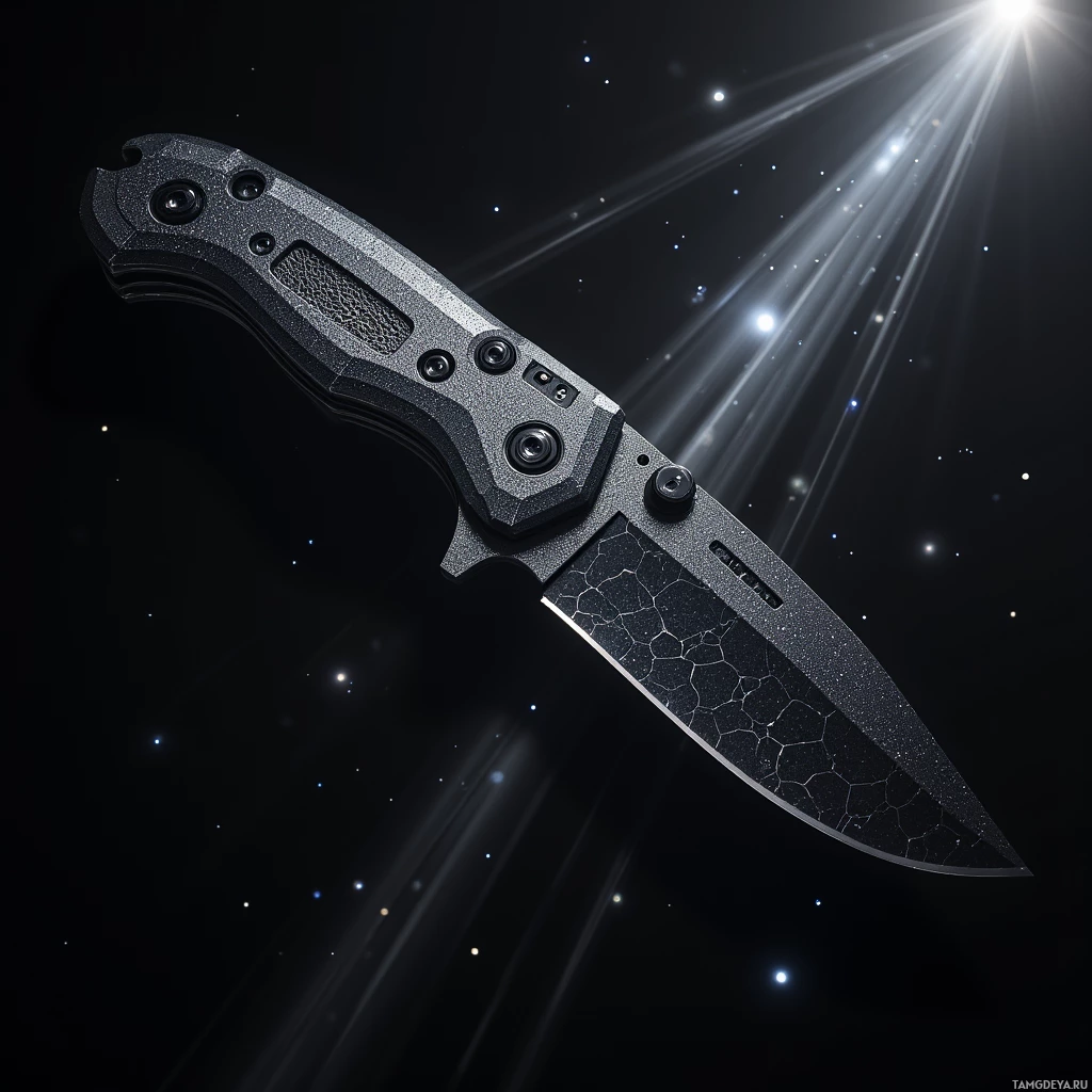 A tactical folding knife with a textured handle and a sharp blade is displayed against a starry background.