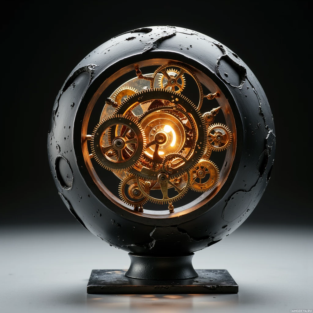 A spherical object with a cracked exterior revealing intricate golden gears inside.