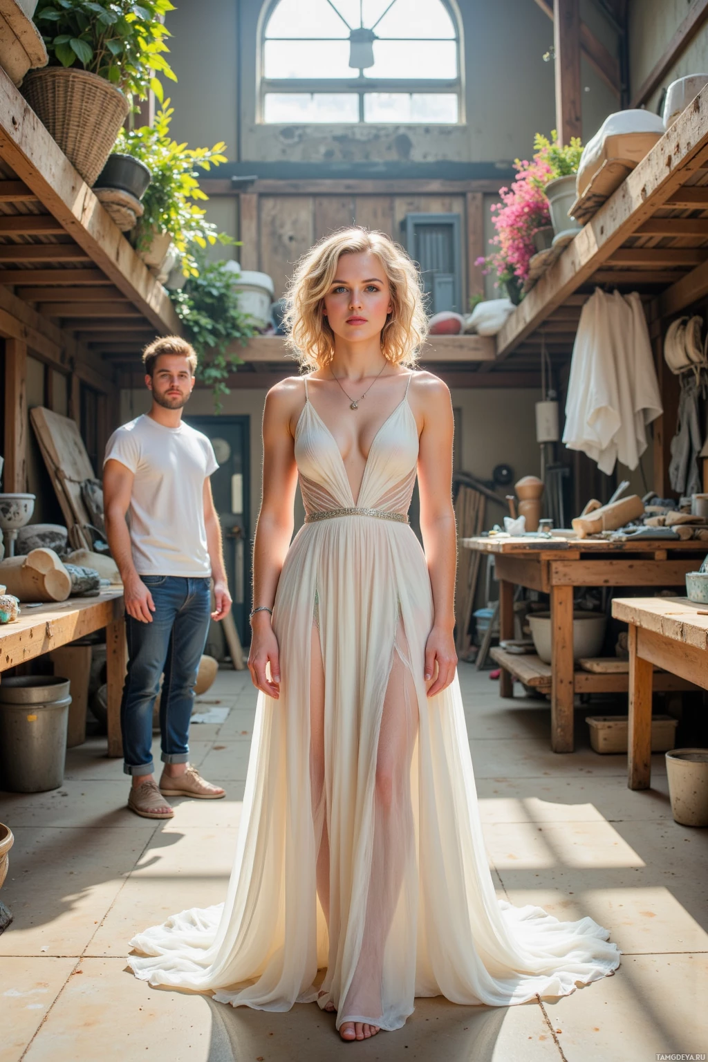 A woman in a flowing, elegant gown stands in a rustic workshop setting.