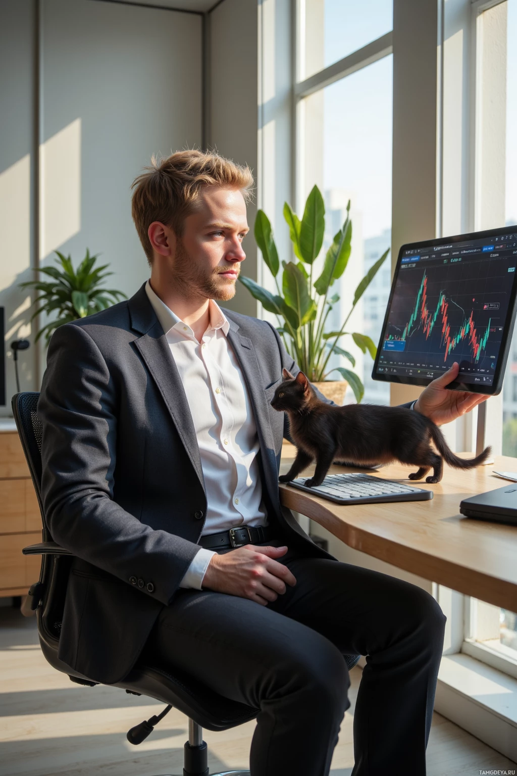 A man in a suit sits at a desk with a laptop displaying a trading chart, accompanied by a black cat.