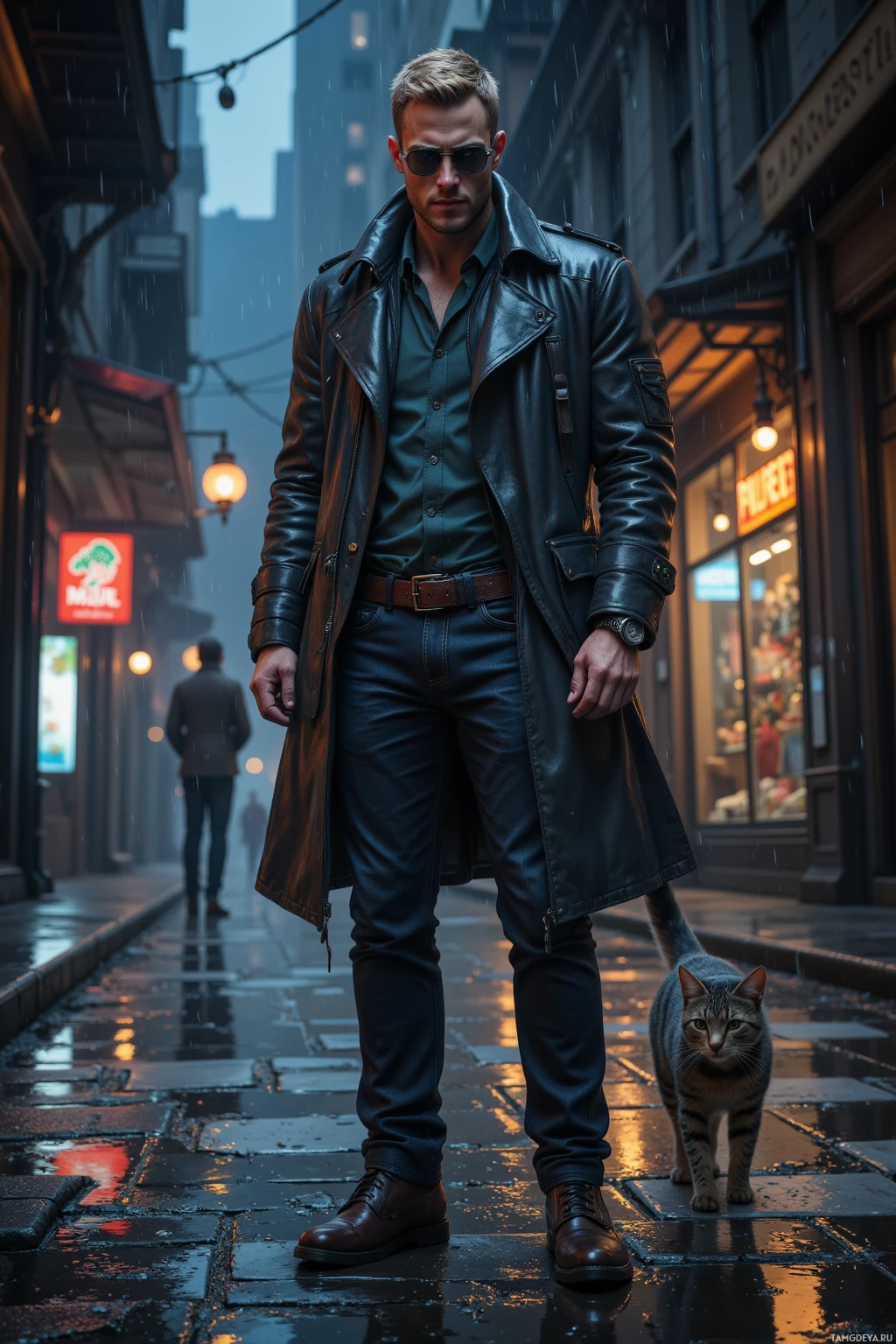 A man in a leather trench coat and sunglasses stands on a rainy street with a cat beside him.