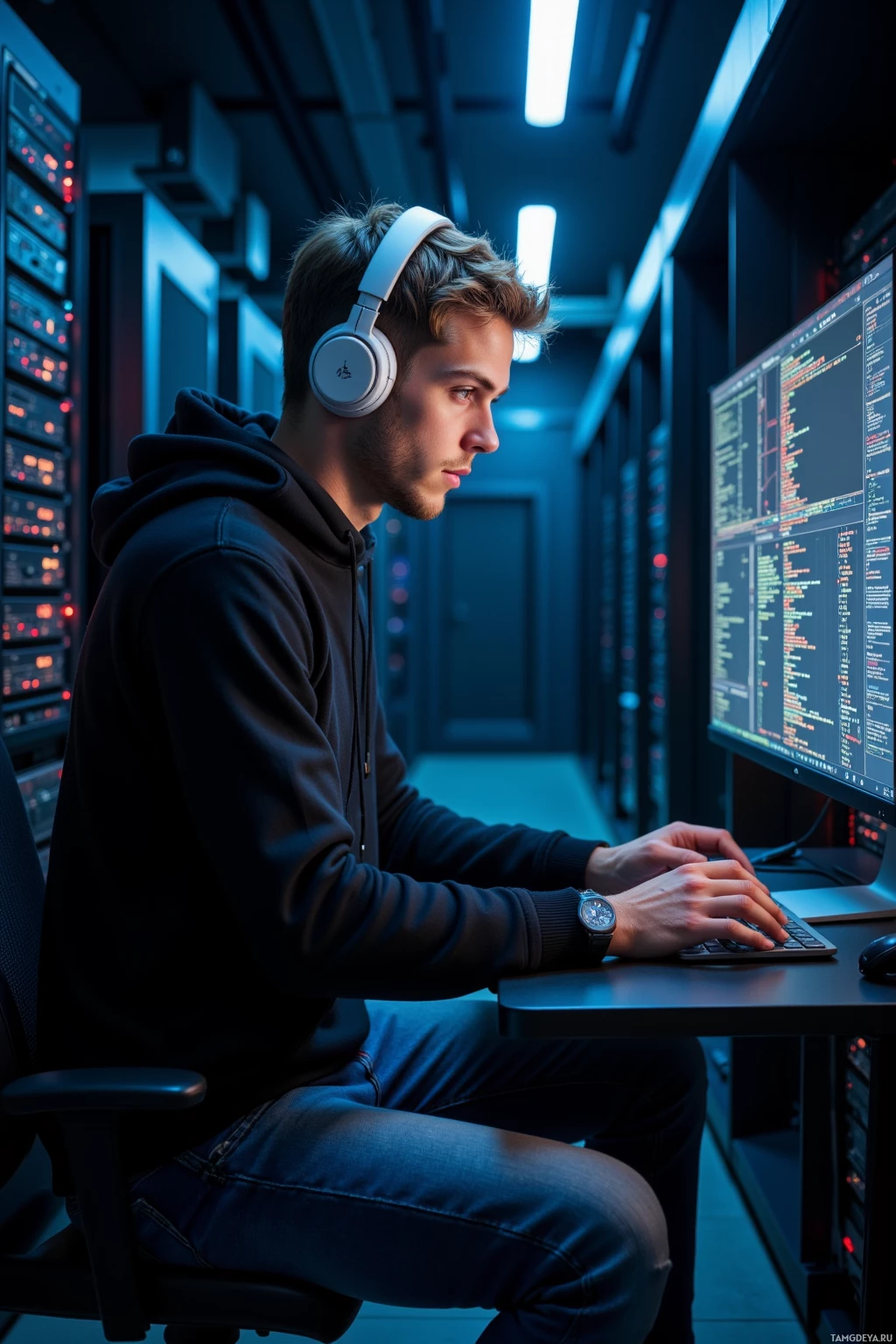 Realistic high quality photo. Male, 30, short dark blonde hair, bright blue eyes, wearing a black hoodie, white headphones, comfortable jeans, focused expression, in a dimly lit server room at night surrounded by racks of servers with blinking LEDs, staring at a monitor displaying a quantum packet trace, quietly humming binary code.