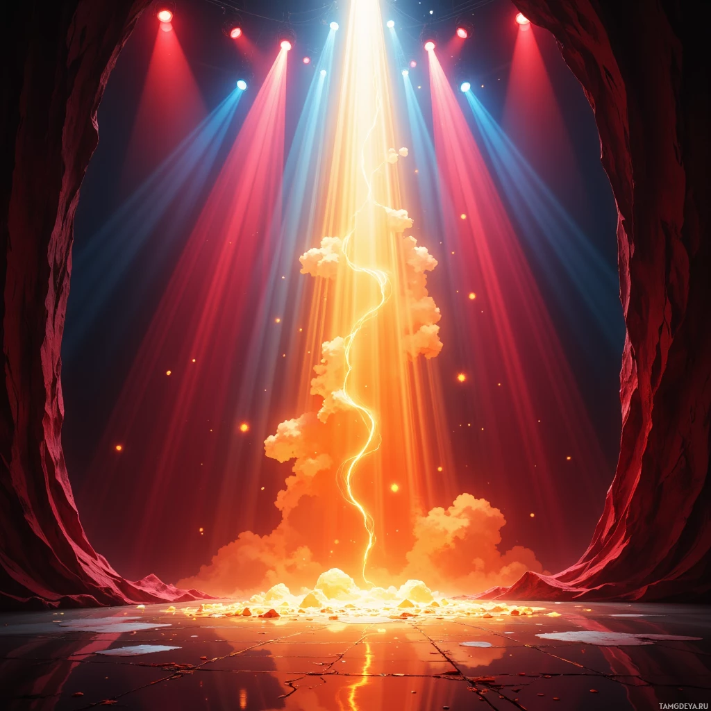 A dramatic scene with beams of light streaming through a cave, illuminating a cloud formation and a glowing, fiery ground.