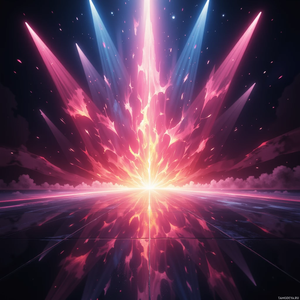 A vibrant explosion of light and color radiates outward against a dark sky.