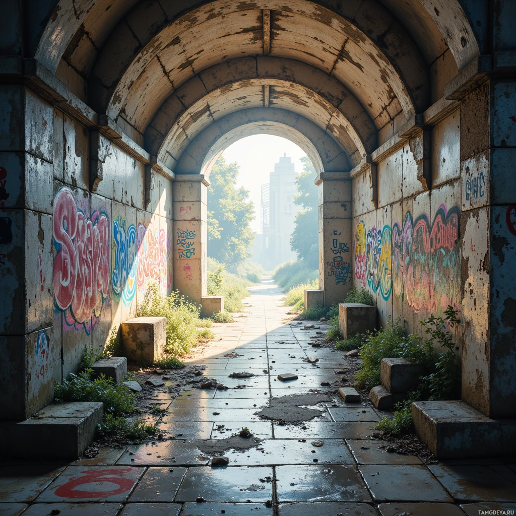 An abandoned archway with graffiti and overgrown vegetation leading to a bright, sunlit area.