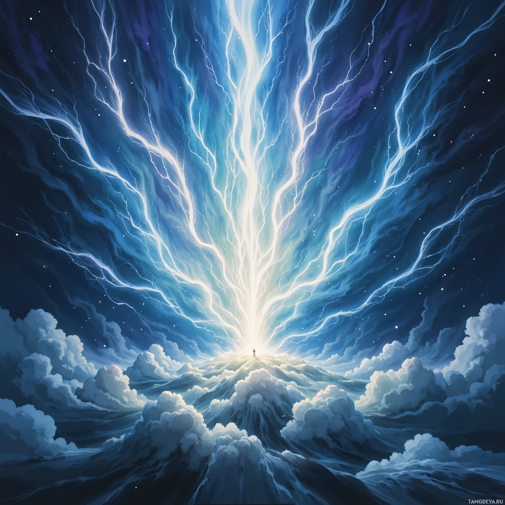 A person stands atop a mountain surrounded by swirling clouds and lightning streaks in the sky.