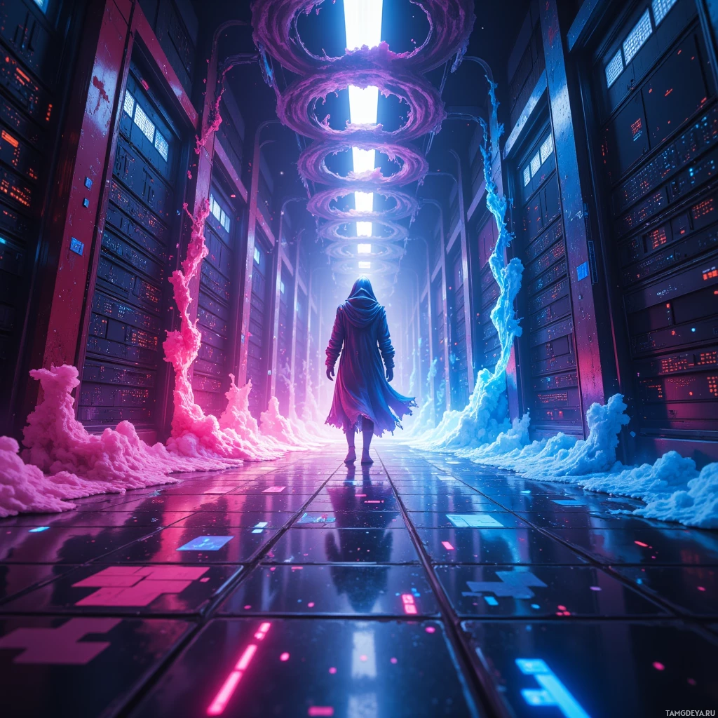A figure in a hooded cloak walks through a neon-lit, futuristic corridor with swirling pink and blue energy.