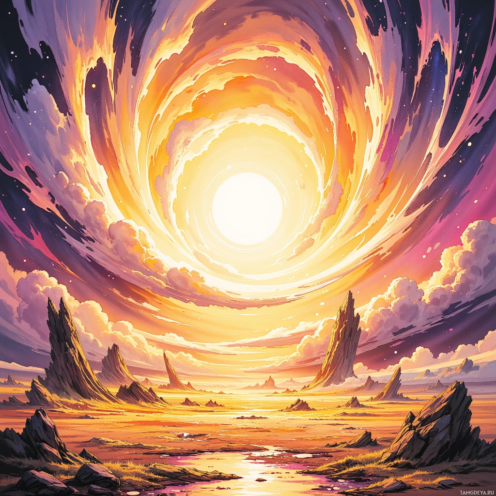 A surreal landscape with jagged rock formations and a swirling sky leading to a bright light at its center.