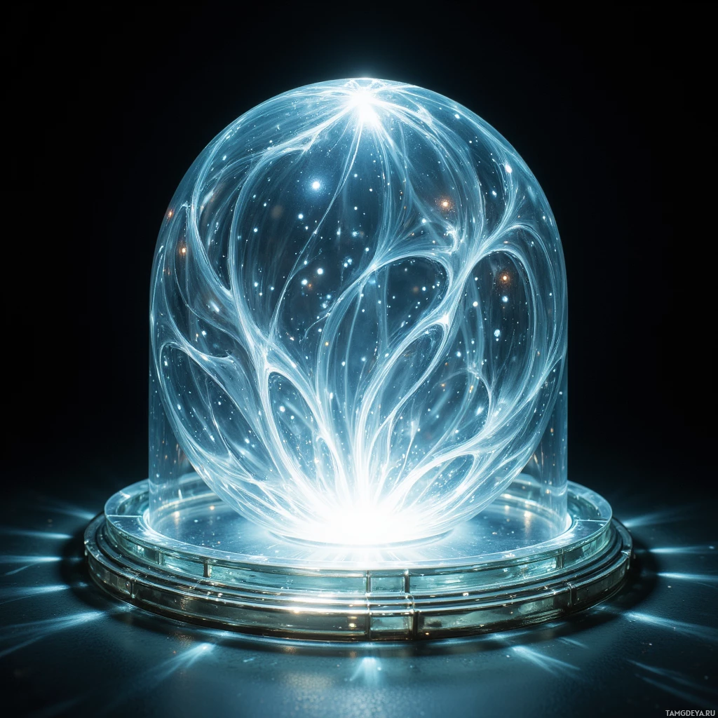 A glowing, intricate, transparent sphere with a radiant light at its center, set against a dark background.