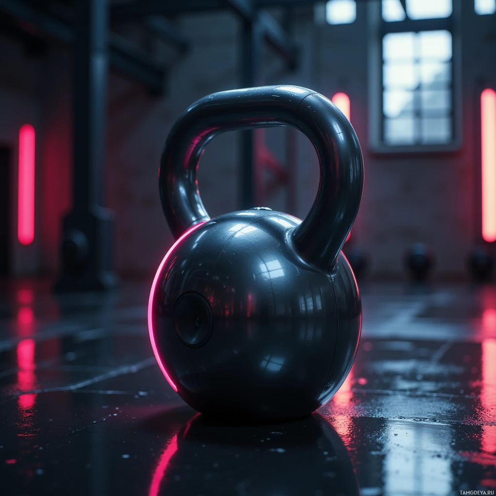 A black kettlebell with a glossy finish sits on a reflective floor in a gym with red neon lights.