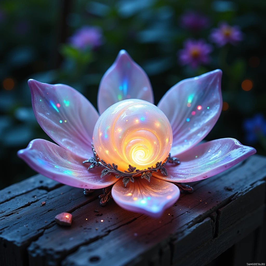 A glowing, ornate flower-shaped light fixture with a spiral design sits on a wooden surface.