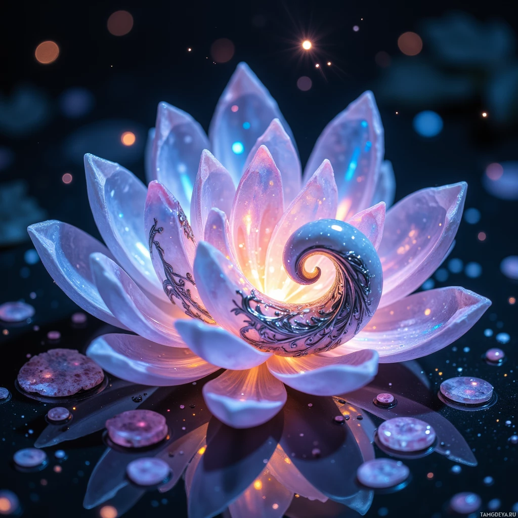 A glowing, ethereal lotus flower with intricate patterns and a swirling center.