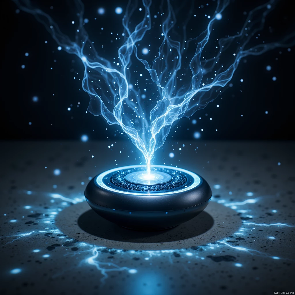 A glowing, futuristic device emits blue energy tendrils and sparkles against a dark background.