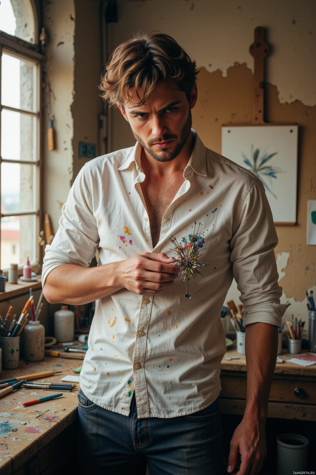 A man in an artist's studio holds a small bouquet of flowers.