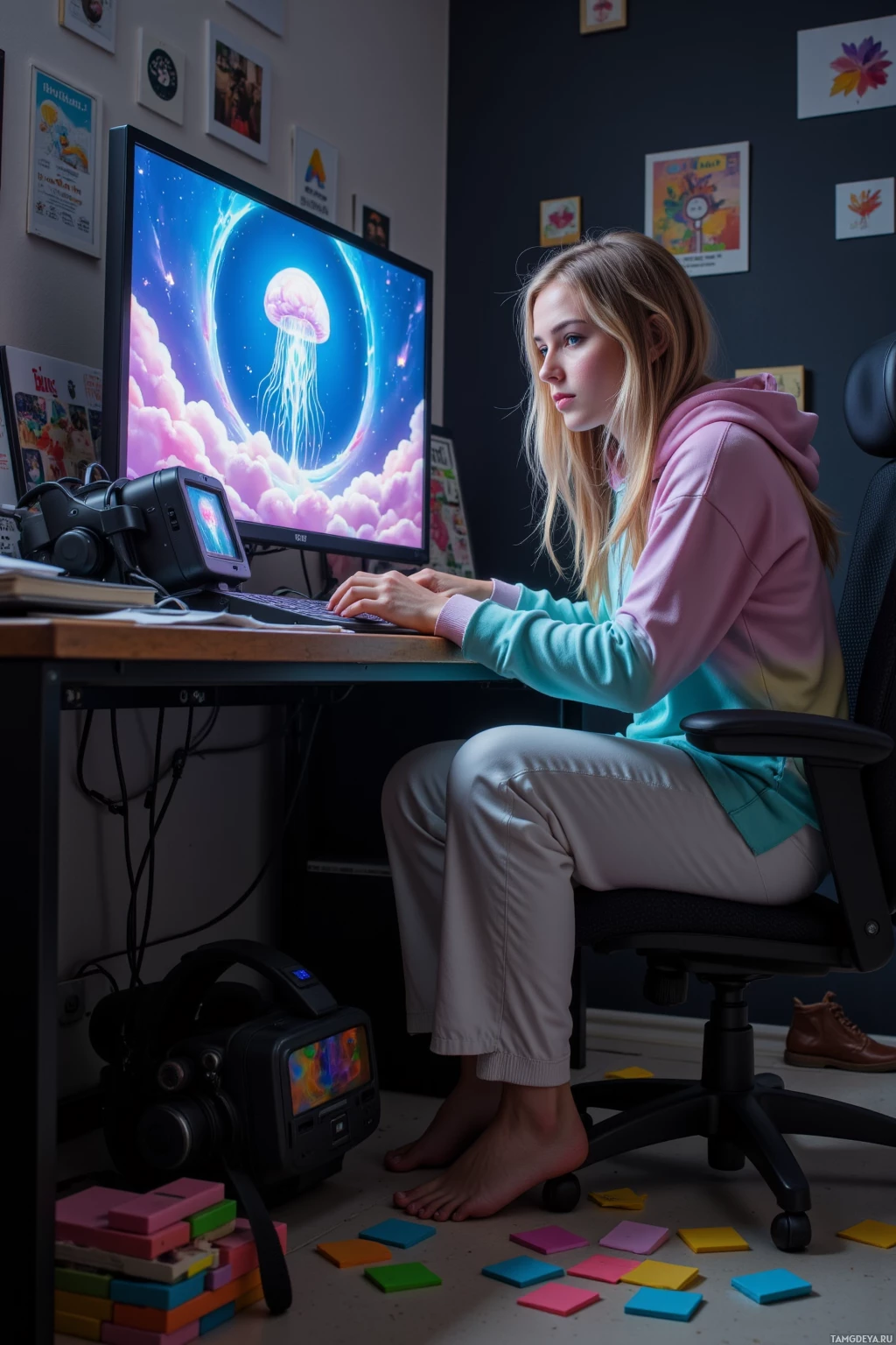 A person is sitting at a desk working on a computer with a jellyfish-themed wallpaper.