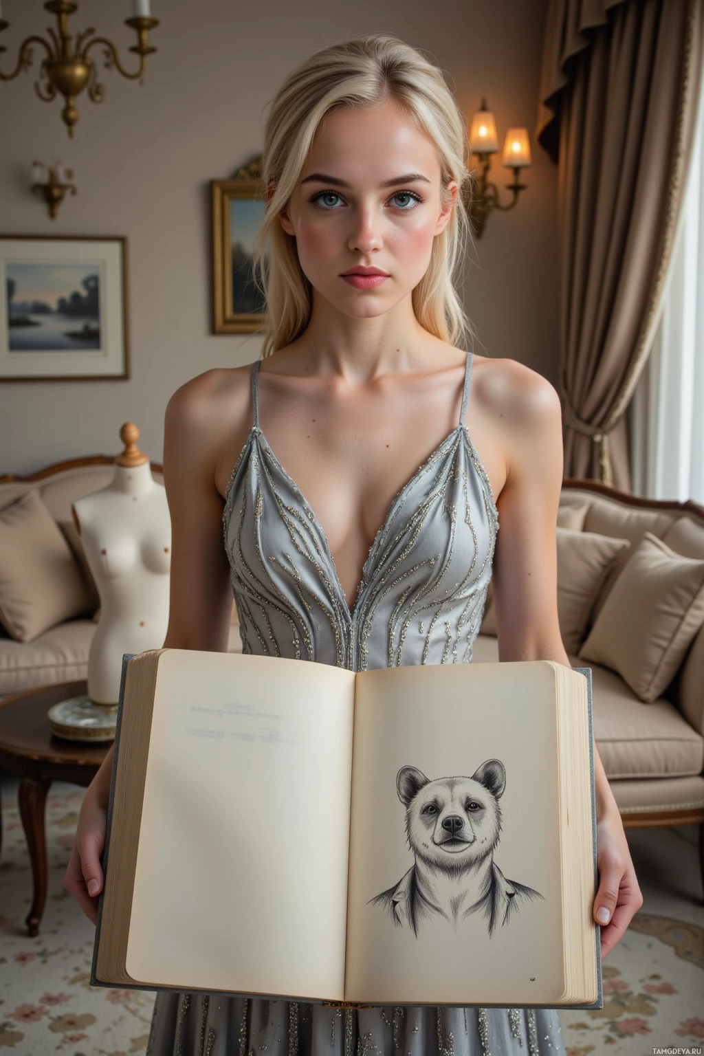 A woman in a dress holds an open book with a drawing of a bear.