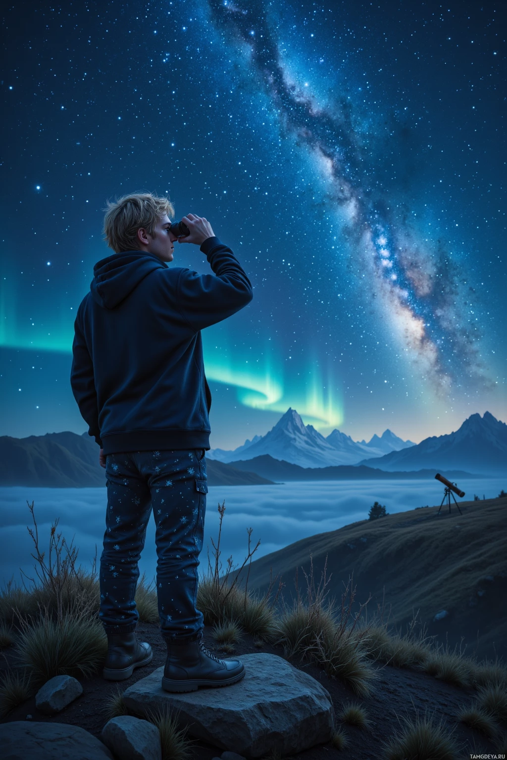 A person stands on a rocky outcrop, gazing at the night sky filled with stars and the Milky Way, with a distant mountain range and a telescope in the background.