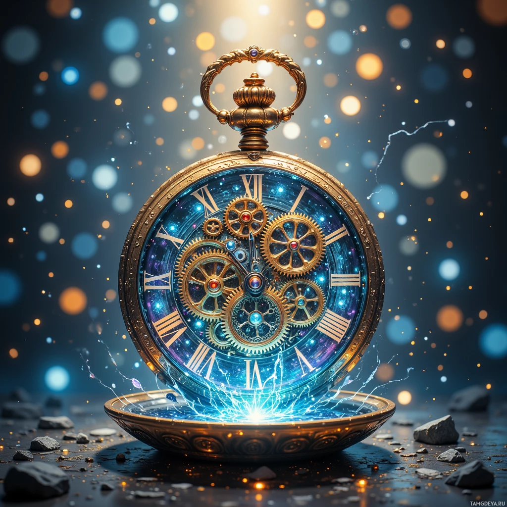 Semi-abstract image with many empty light space at center of beautiful background, that is suitable for the post:  A pocket crystal clock whispers: broken gears can dance if you let them find rhythm.