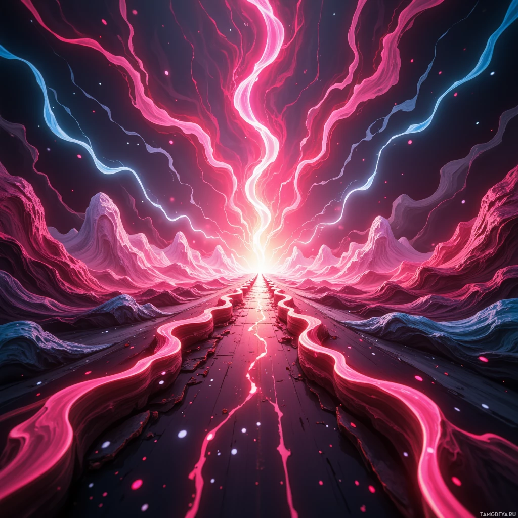 A vibrant, abstract landscape featuring flowing lines and glowing streaks in pink and blue hues leading towards a bright light at the horizon.