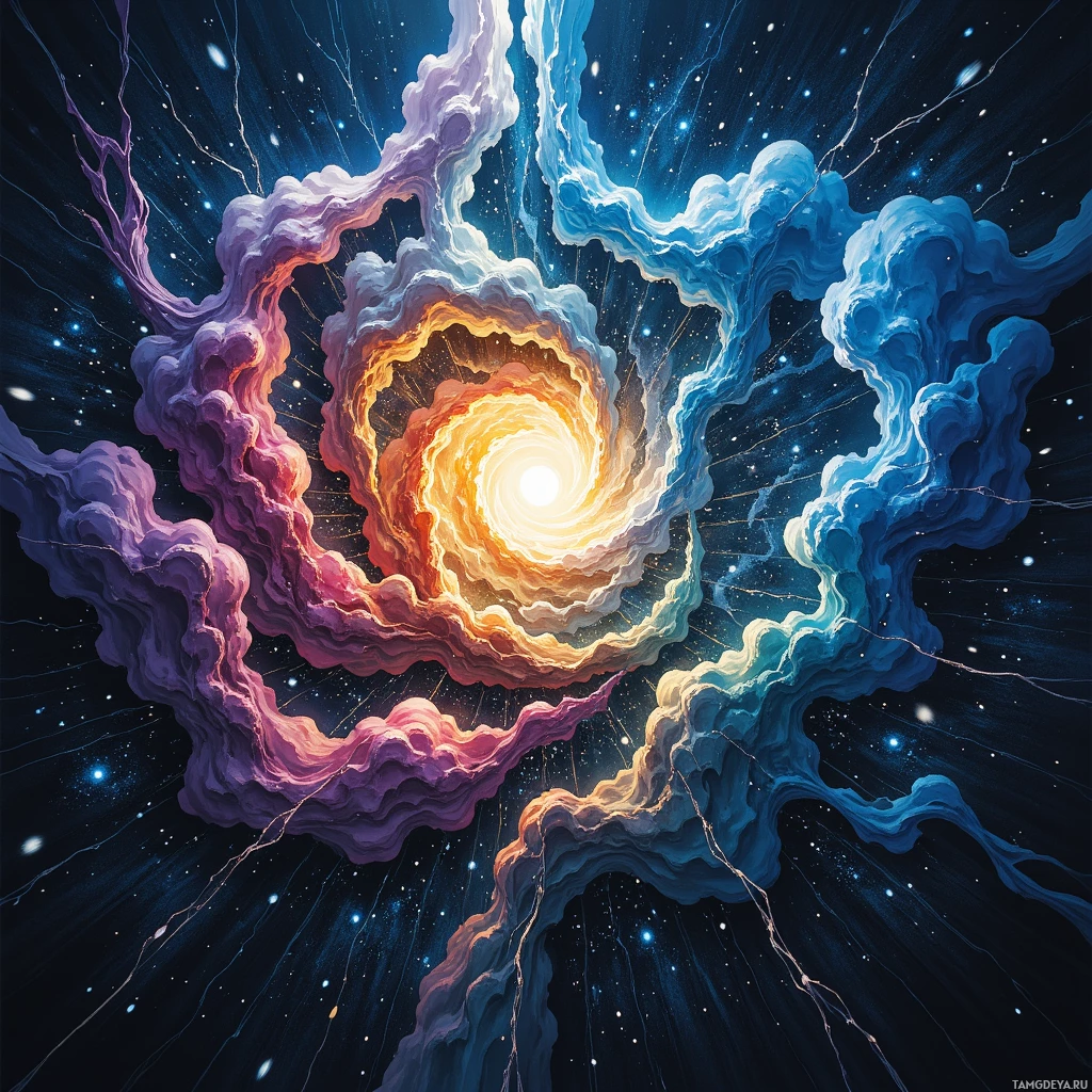 A vibrant cosmic scene featuring swirling clouds in shades of purple, blue, and orange against a starry background.