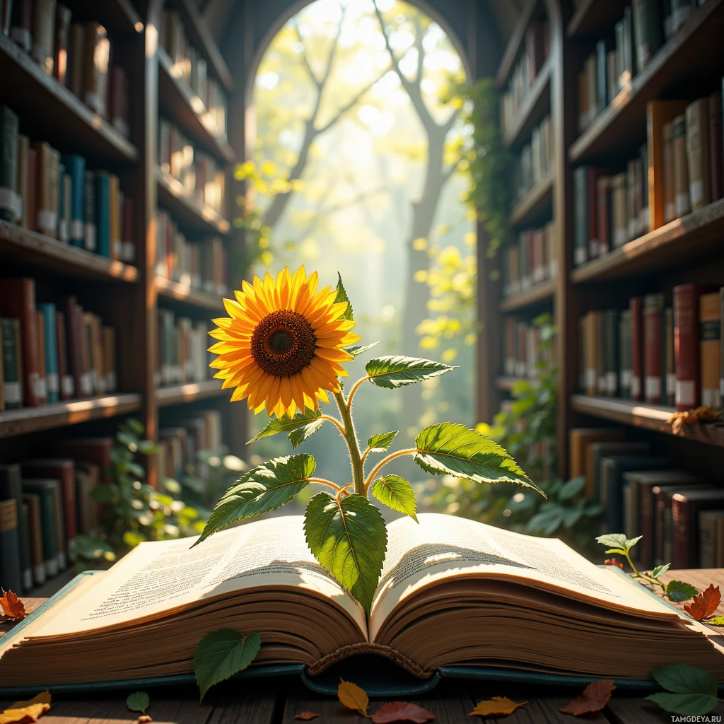 An open book with a sunflower growing from it in a library setting.