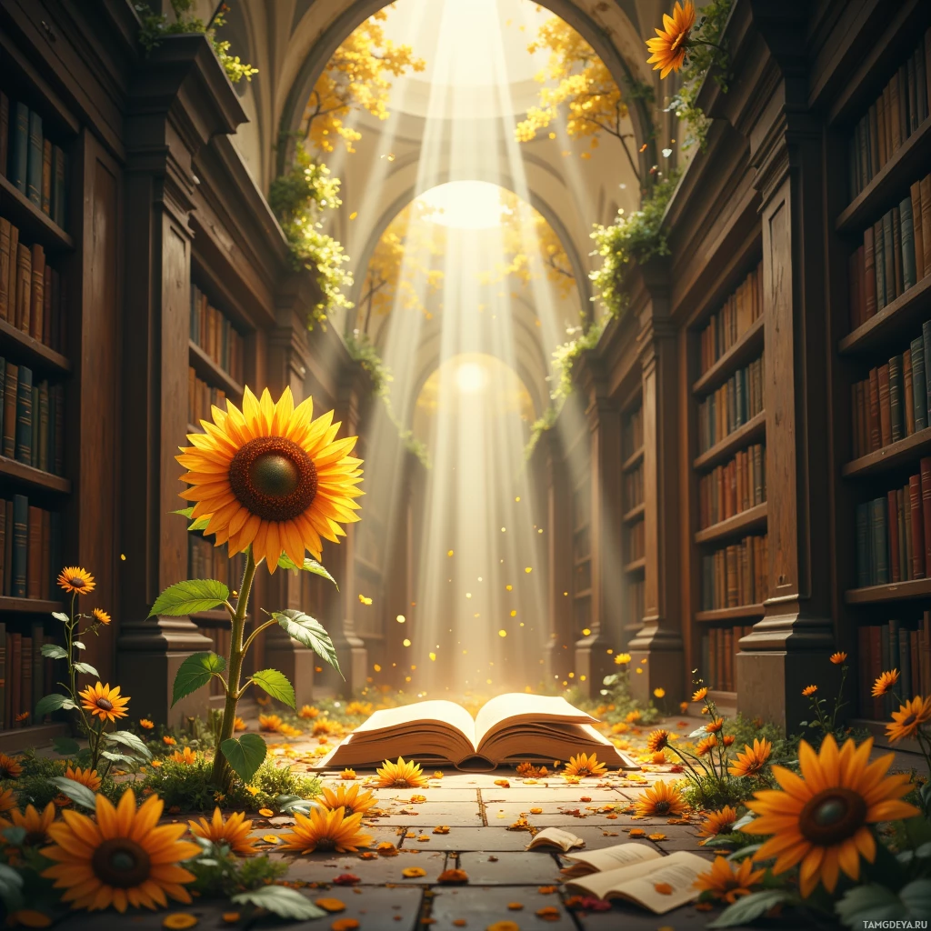 A sunflower grows in a library with sunlight streaming through an arched window.