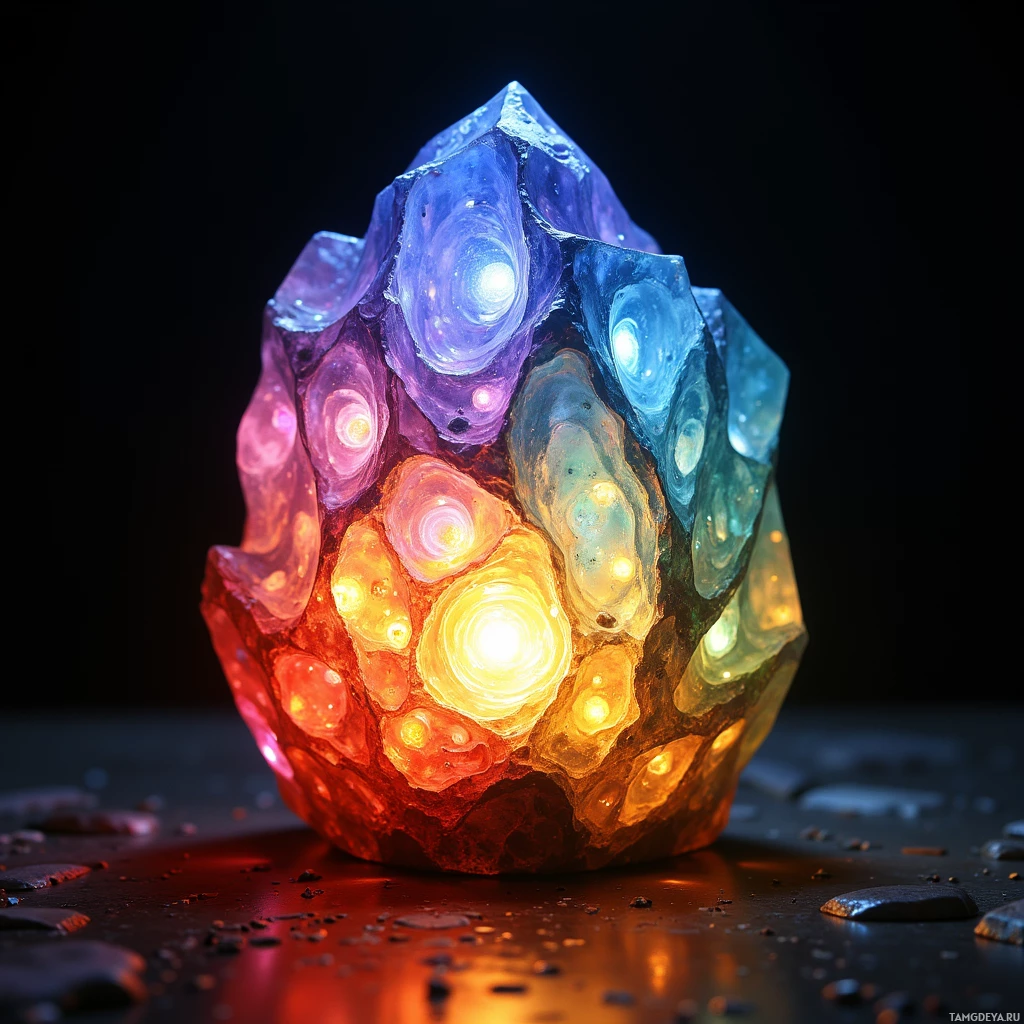 A glowing, multi-colored crystal with a dark background.