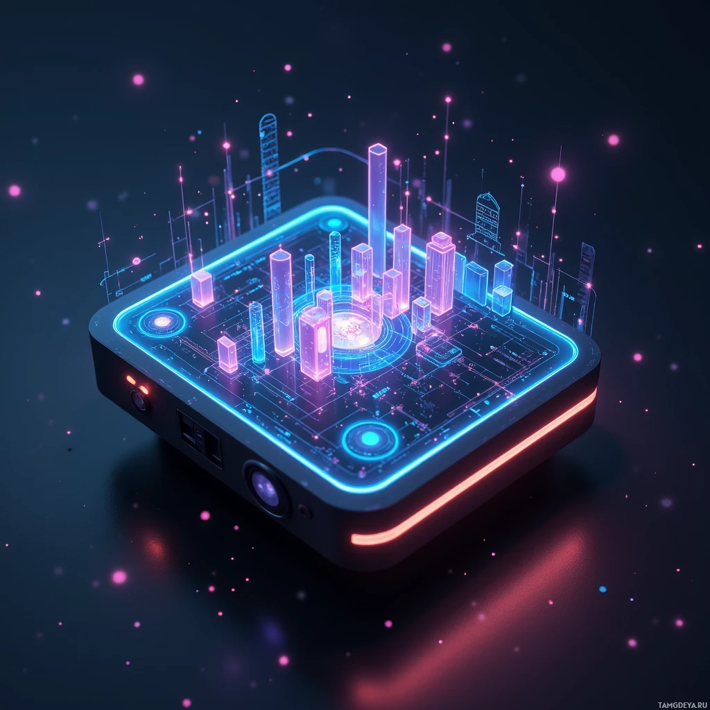 A futuristic device with glowing neon lights and holographic cityscape projections on its surface.