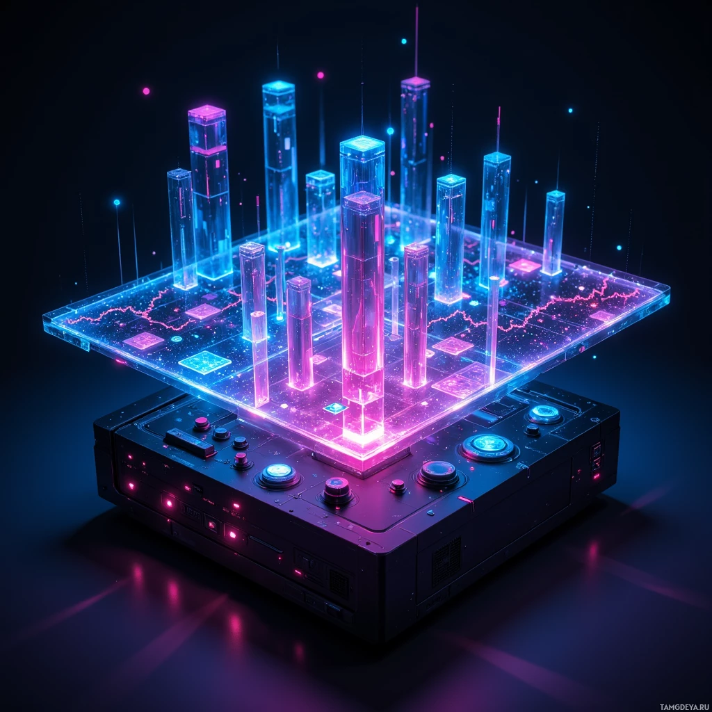 A futuristic, glowing structure with tall, illuminated columns and a control panel below.