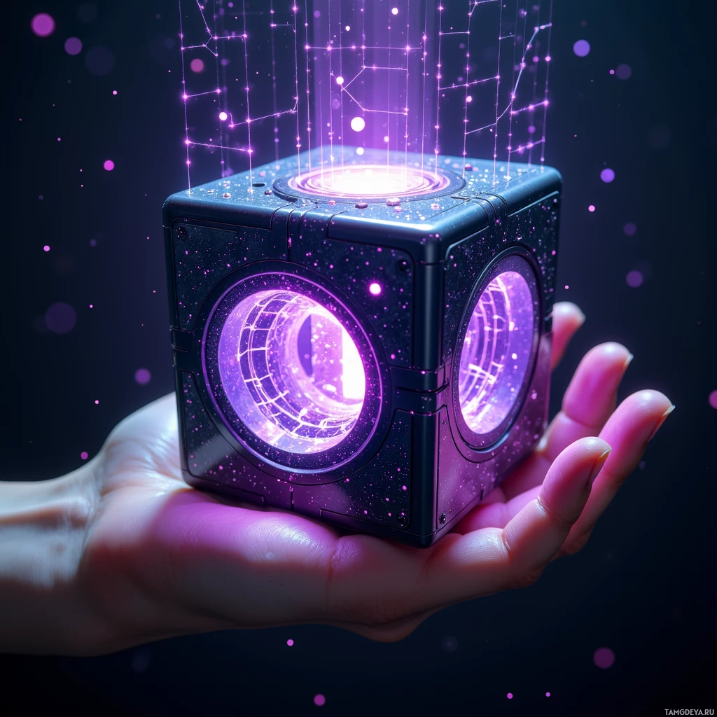A hand holds a glowing, futuristic cube with a purple light emanating from its surface.